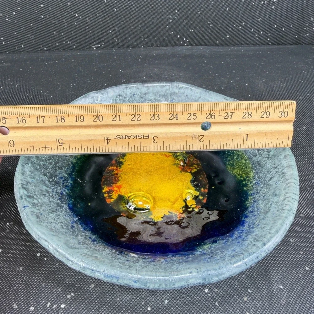 Handmade Fused Glass Bowl Dish Blue Yellow Green Celestial Art Glass Catchall